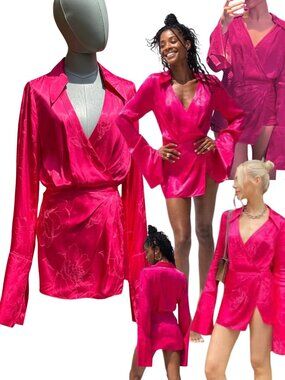 🆕 RAT & BOA 🧿 NWOT Paloma Pink Floral Satin Long Sleeve Mini Dress, Sz XS